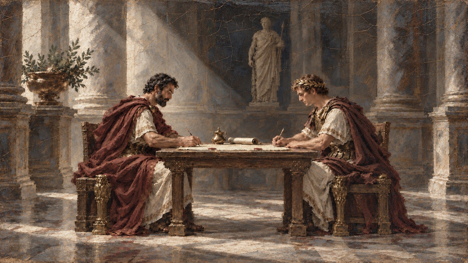 Two Roman senators signing a pact in a marble hall