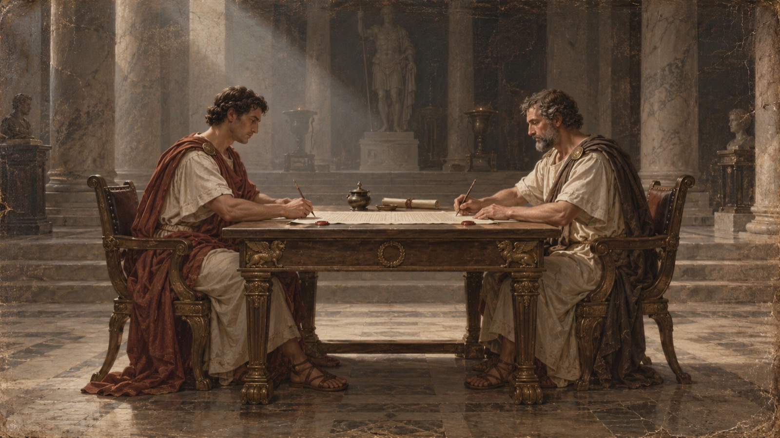 Two Roman senators signing a pact at a marble table