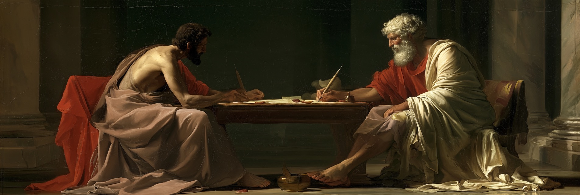 Two scholars writing the terms of an agreement