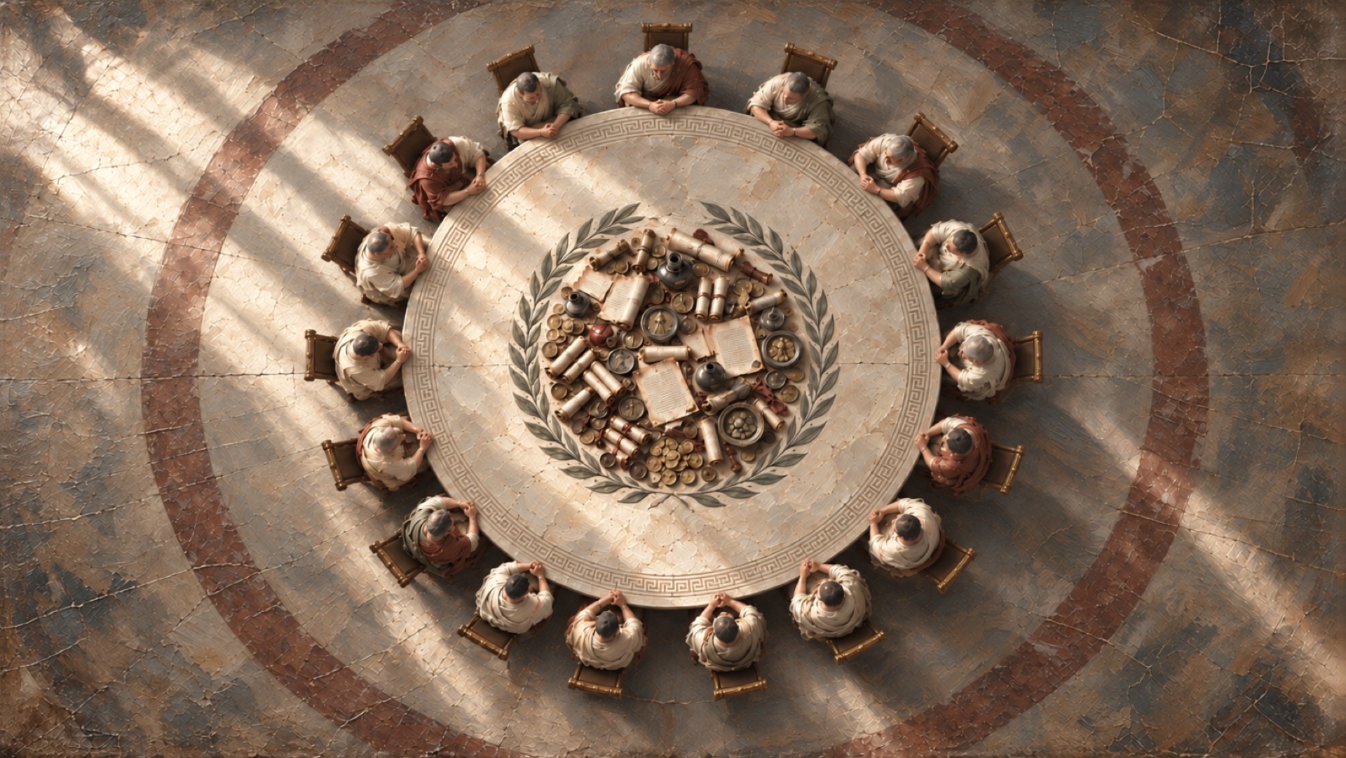 The committee seated around a round marble table, seen from above